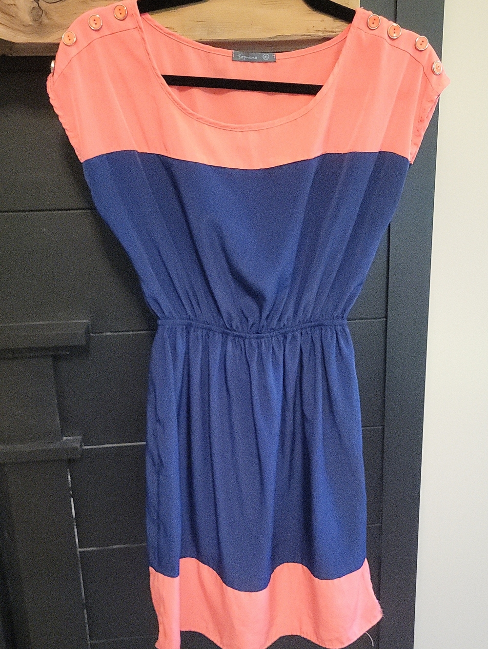 Soprano Coral and Navy Colorblock Dress with Shoulder Buttons